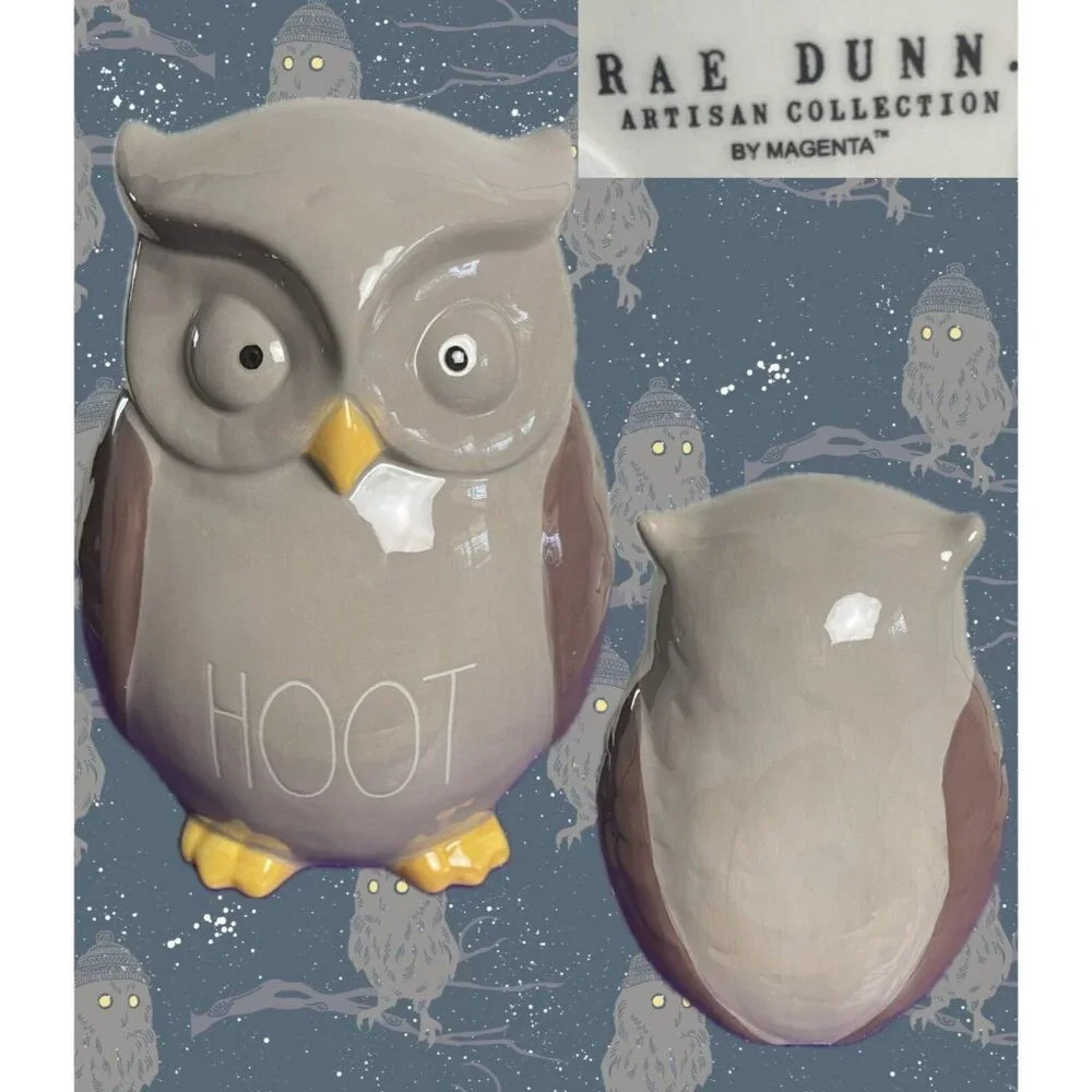Rae Dunn Gray-Brown Ceramic Text Etched "Hoot" Yellow Accent Wise Owl Figurine